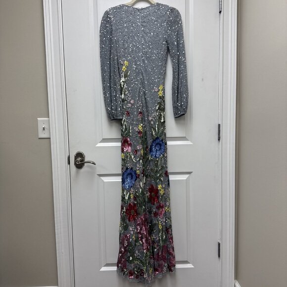 Mac Duggal Size 4 Gray 5542 Floral Sequin Beaded Maxi Formal Gown Dress - Picture 8 of 12